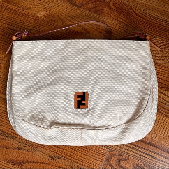 AUTHENTIC FENDI NATURAL CANVAS HOBO SHOULDER BAG WITH LEATHER TRIM, ITALY - Picture 8 of 9